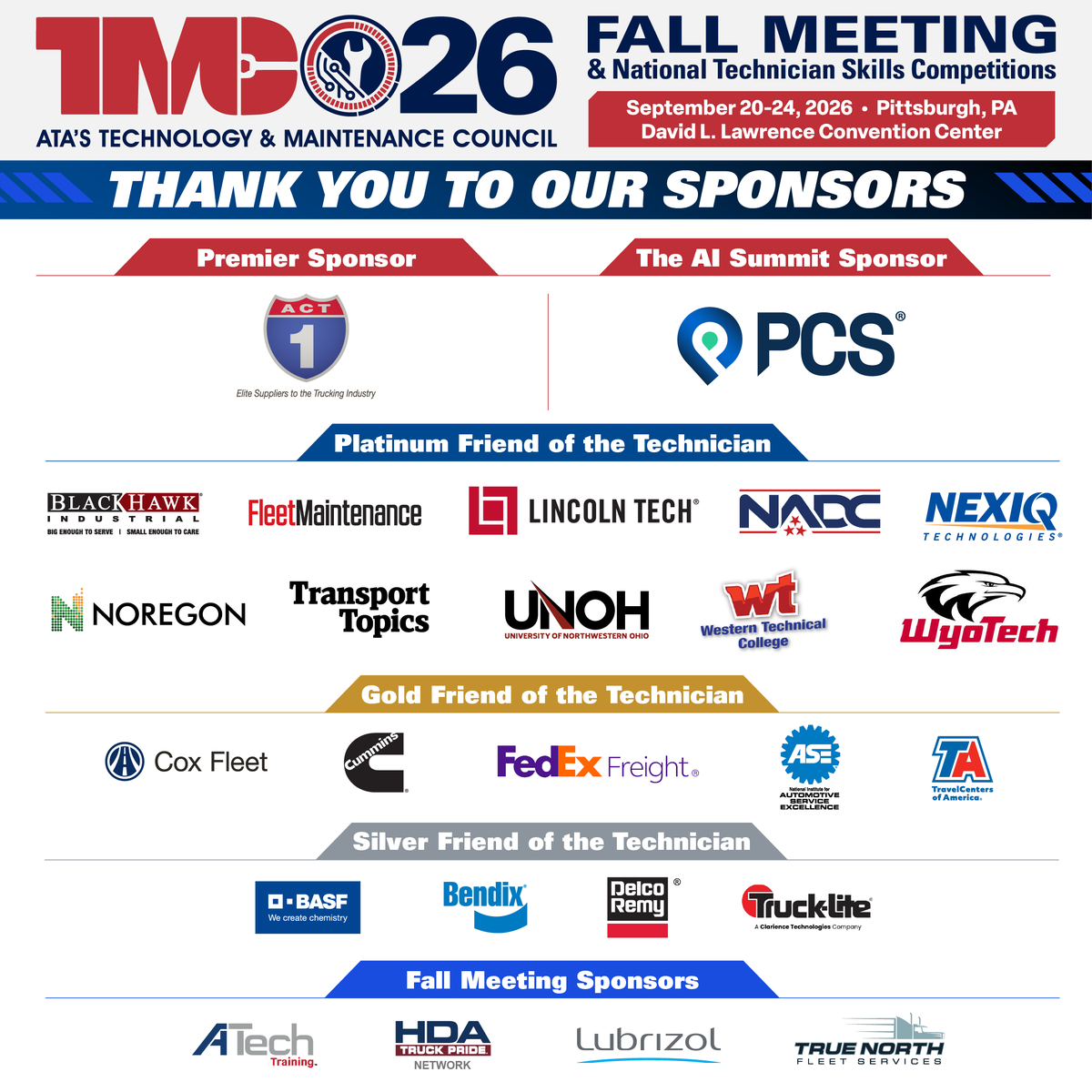 TRUCKINGdotORG's tweet photo. ๐ Thank you to our #TMC26 Fall Meeting and #TMCSuperTech26 Friend of the Technician sponsors.
Your partnership helps make this event possible and supports the industry collaboration and technician recognition that define the event experience.
https://t.co/lwd0LMdZNS https://t.co/DjbRY7Vyyx