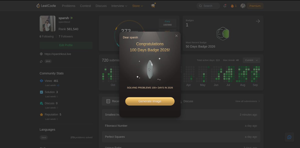 Sparshkoulll's tweet photo. Late-night grind 🚀

Worked on a DP problem and optimized the recursive approach using memoization. 

Also completed Day 100 of my LeetCode 100 Days Challenge! 🔥

100 days of consistency — and still going. 💪

#LeetCode #100DaysOfCode #DP #DynamicProgramming #Memoization #DSA https://t.co/KNGtIuyfFG
