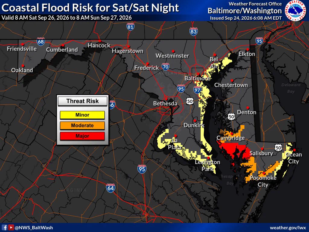 A map of Maryland showing Coastal Flood Risk for Saturday and Saturday night September 26, 2026.  Threat risk is "major" in the Lower Eastern Shore