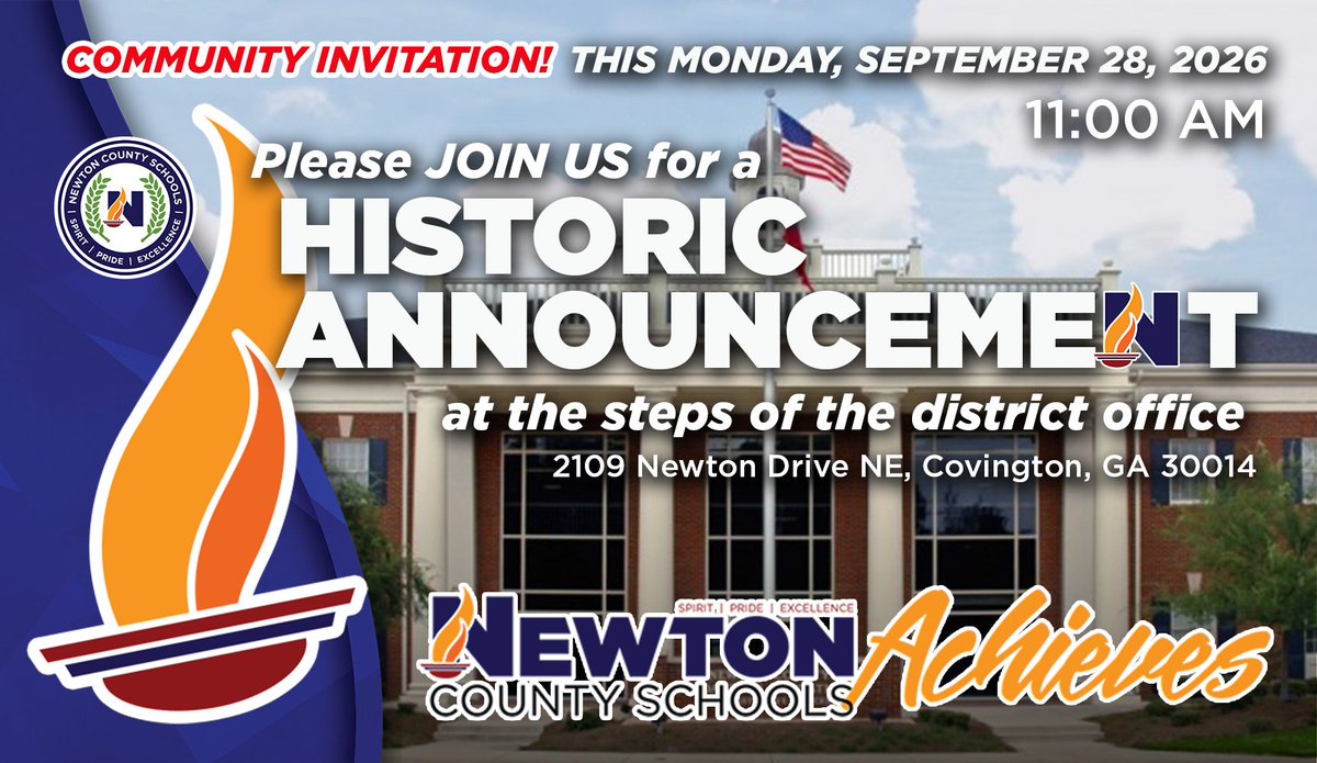 NewtonCoSchools's tweet photo. Something BIG is happening Monday!

Newton County Schools has an historic announcement to make—and it’s one we can’t wait to share with our students, staff, families, and community!

■ Monday, September 28
■ 11:00 a.m.
■ On the steps of the Newton County Schools District Office
■ 2109 Newton Drive NE, Covington, GA 30014

What’s the big news?

Stay tuned, Newton County. You won’t want to miss this!