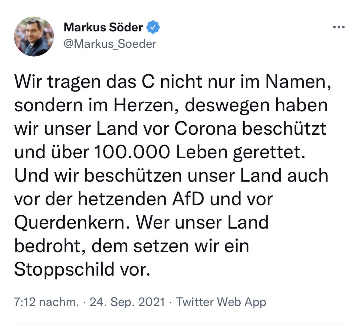 Tom_Bayou's tweet photo. "Wir tragen das C nicht nur im Namen, sondern im Herzen, deswegen haben wir unser Land vor Corona beschützt und über 100.000 Leben gerettet. Und wir beschützen unser Land auch vor der hetzenden AfD und vor Querdenkern."

24.09.2021 #RichtigErinnern https://t.co/UZ1nkyWtkp