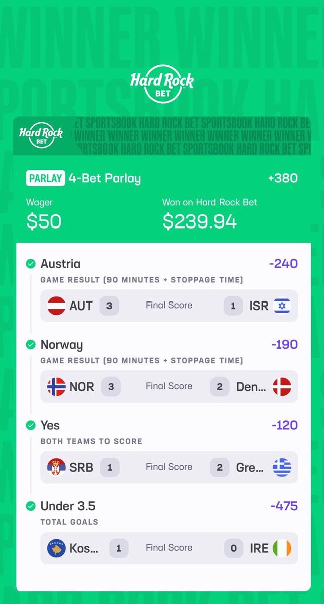 _HouseOfBets's tweet photo. CASHED💰

4-leg international soccer parlay gets it DONE!

🇦🇹 Austria ML ✅
🇳🇴 Norway ML ✅
🇷🇸 Serbia/Greece BTTS ✅
🇽🇰 Kosovo/Ireland U3.5 ✅

Sick profit on this ticket!

(+380)📈

Another one in the books. If you want the plays before they start, join the Discord 👀⚽️ https://t.co/7GD0NBDBef