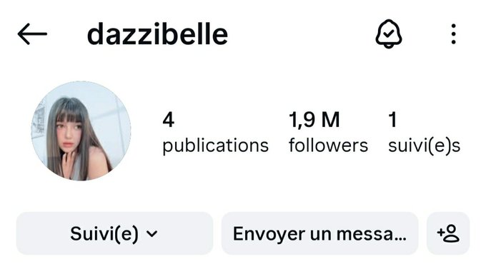 An Instagram profile for "dazzibelle" showing 4 publications, 1.9M followers, and 1 following, with a French interface including a "Suivi(e)" follow button.