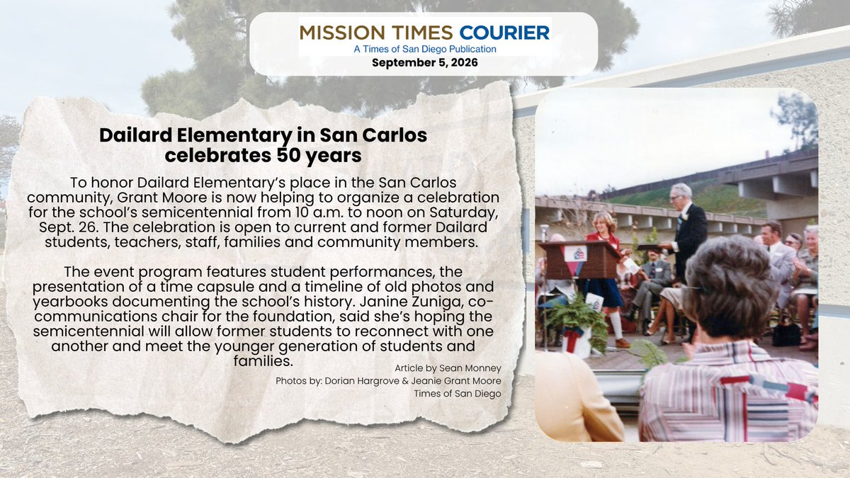 sdschools's tweet photo. Dailard Elementary in San Carlos celebrates 50 years. To honor the school, Grant Moore is now helping to organize a celebration for the school’s semicentennial from 10 a.m. to noon on Saturday, Sept. 26.

Read more here: https://t.co/Y94tDfT080 https://t.co/a6LXU9hGQ5