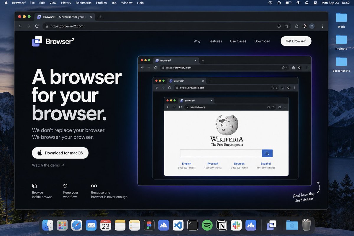 zmtn_o's tweet photo. @kshvbgde Introducing Browser².

A browser that runs entirely inside your existing browser, giving you all the benefits of a new browser without the inconvenience of actually replacing anything.

We don’t replace your browser.
We browser your browser. https://t.co/QfEveOBKJG