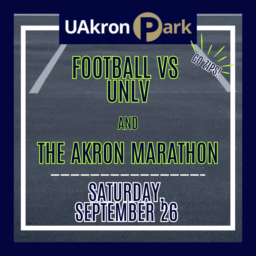 UAkronPark's tweet photo. 🏈🏃‍♂️ Busy Weekend On Campus: Zips Football & Akron Marathon Parking Updates! 🚗💨

Heading to campus or the game this weekend? Plan ahead and expect increased traffic on campus:

📅 Friday, Sept. 25
Lot 34: CLOSED ALL DAY for Akron Marathon Prep.
Lots 6, 9, & 10: Must be vacated by 11:00 PM for game day (relocate to Lot 1 or Lot 36).

📅 Saturday, Sept. 26 (Game Day: Zips vs. UNLV @ 12 PM)
Lot 34: CLOSED UNTIL 10:00 AM.
Lots 14, 26, 27, & 28: High impact & intermittent closures from 5:00 AM – 10:00 AM.
All Campus: High traffic impact all day.

📬 Read this week’s Parking Updates: 
🔗https://t.co/dRRtN8xGx0

Give yourself extra time, park smart, and GO ZIPS! 🦘

#UAkronPark #UniversityOfAkron #CampusParking #ParkingUpdates #GoZips See less