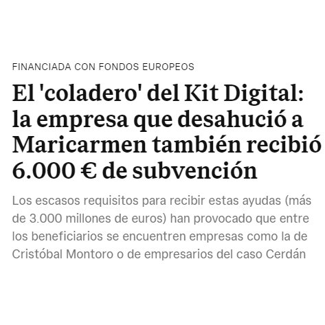 armesillaconde's tweet photo. "La empresa que ha desahuciado a Maricarmen, la anciana de 87 años que ha sido desalojada de la casa en que vivió 70 años, recibió una subvención de 6.000 euros del Ministerio para la Transformación Digital. La concesión se gestionó en enero de 2023 a través de https://t.co/klzfesetwl, la empresa pública que está siendo investigada en la Fiscalía Europea por los contratos que consiguió Carlos Barrabés (cerca de 10 millones de euros) y para los que Begoña Gómez, la mujer del presidente del Gobierno, emitió sendas cartas de recomendación."

Uyyyyy, el "libre mercado"...

Fuente: https://t.co/b7j4p9aDpJ (me lo pasa @La_Irreductible).