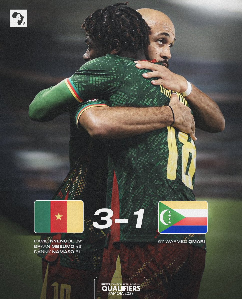 ActuFootAfrique's tweet photo. 🚨 Le Cameroun 🇨🇲 𝑰𝑵𝑫𝑶𝑴𝑷𝑻𝑨𝑩𝑳𝑬 face aux Comores 🇰🇲 (3-1) ! 🦁🙌🏿 https://t.co/ueDzkMTTkm