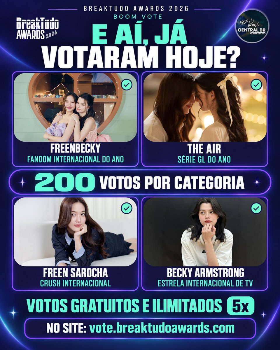 centralfb_br's tweet photo. 🚨 E AÍ, JÁ VOTARAM HOJE?

🎯 Meta: 200 votos por categoria!

#BreakTudoAwards 🏆
#FreenBecky #ฟรีนเบค
#srchafreen #beckysangels

🤍 FreenBecky - Fandom Internacional do Ano:
https://t.co/HmPCoLCBeu

🎬 The Air - Série GL do Ano:
https://t.co/55vJxzOjK5

🌷 Freen Sarocha - Crush Internacional:
https://t.co/yR7ngb7bC5

🪽 Becky Armstrong - Estrela Internacional de TV:
https://t.co/jU2RKsYGMO

✅ VOTOS GRATUITOS E ILIMITADOS!
👉🏼 Dê 5 cliques seguidos para registrar 5 votos