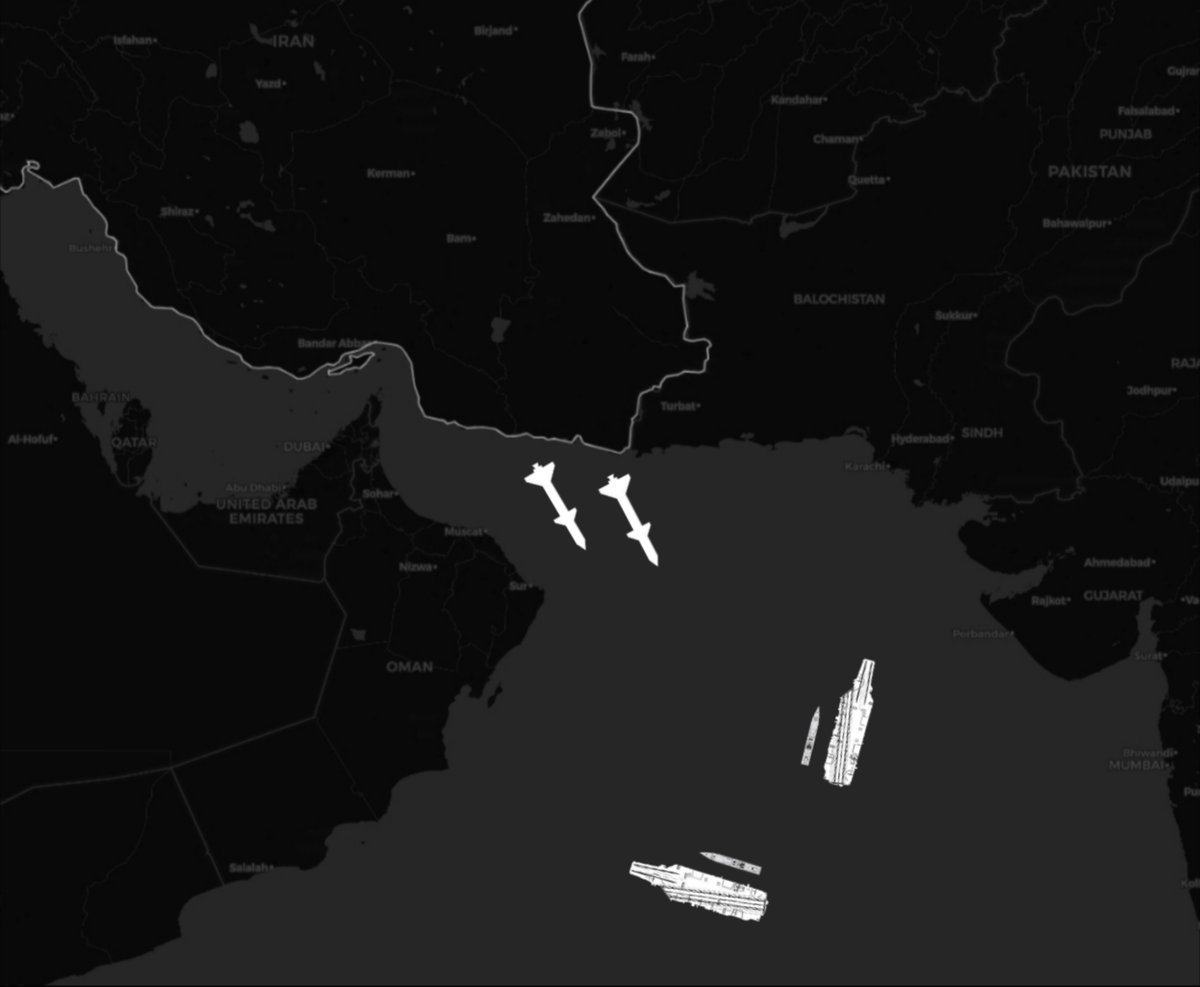 MoloWarMonitor's tweet photo. I waited several weeks before making this post, but now I can say something with certainty regarding the American aircraft carriers deployed in the CENTCOM area.

Since roughly the beginning of September, I have not found the USS George H.W. Bush or the USS George Washington, nor the amphibious assault ship USS Tripoli, nor any other components of the carrier strike groups, such as Arleigh Burke-class destroyers, on Sentinel-2 satellite imagery.

This implies that the U.S. has decided to pull back beyond the range of Iranian anti-ship missiles, thereby shifting the naval blockade line, which until August had been positioned at the exit of the Gulf of Oman.

This strategic shift was likely prompted by Iran's first reported use of anti-ship ballistic missiles a few weeks ago, which clearly pose a potential threat to U.S. Navy vessels.

In fact, in early September, the IRGC Navy tested the "Qasem Basir" ASBM for the first time, with a maximum range of approximately 1.200 km, it covers almost the entire Arabian Sea.
