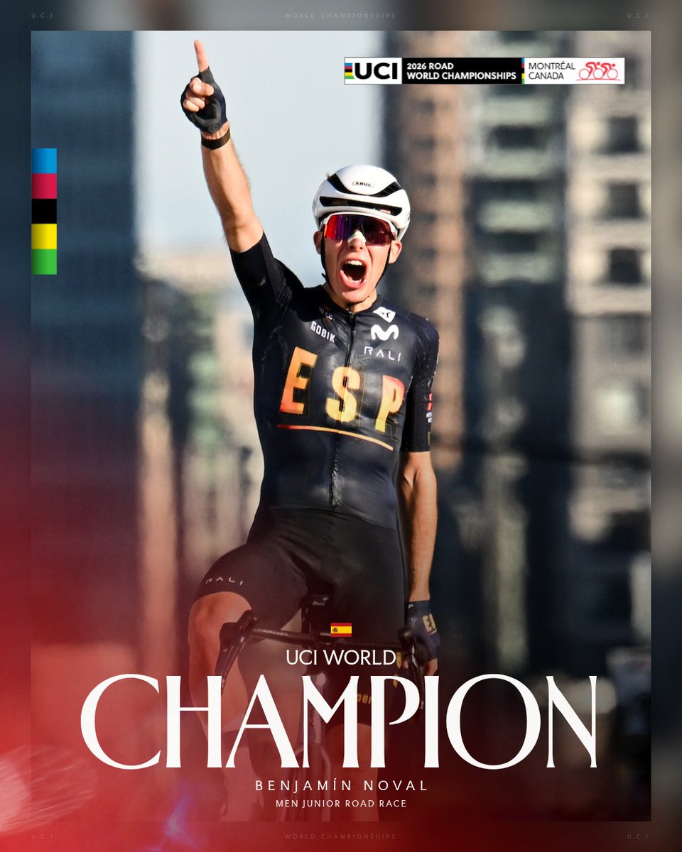 UCI_cycling's tweet photo. Benjamín Noval makes it two out of two 🌈🌈

After attacking again and again, the Spaniard has done it —  UCI Men Junior Road Race World Champion at #Montréal2026🥇 https://t.co/7No7GC7Qzj