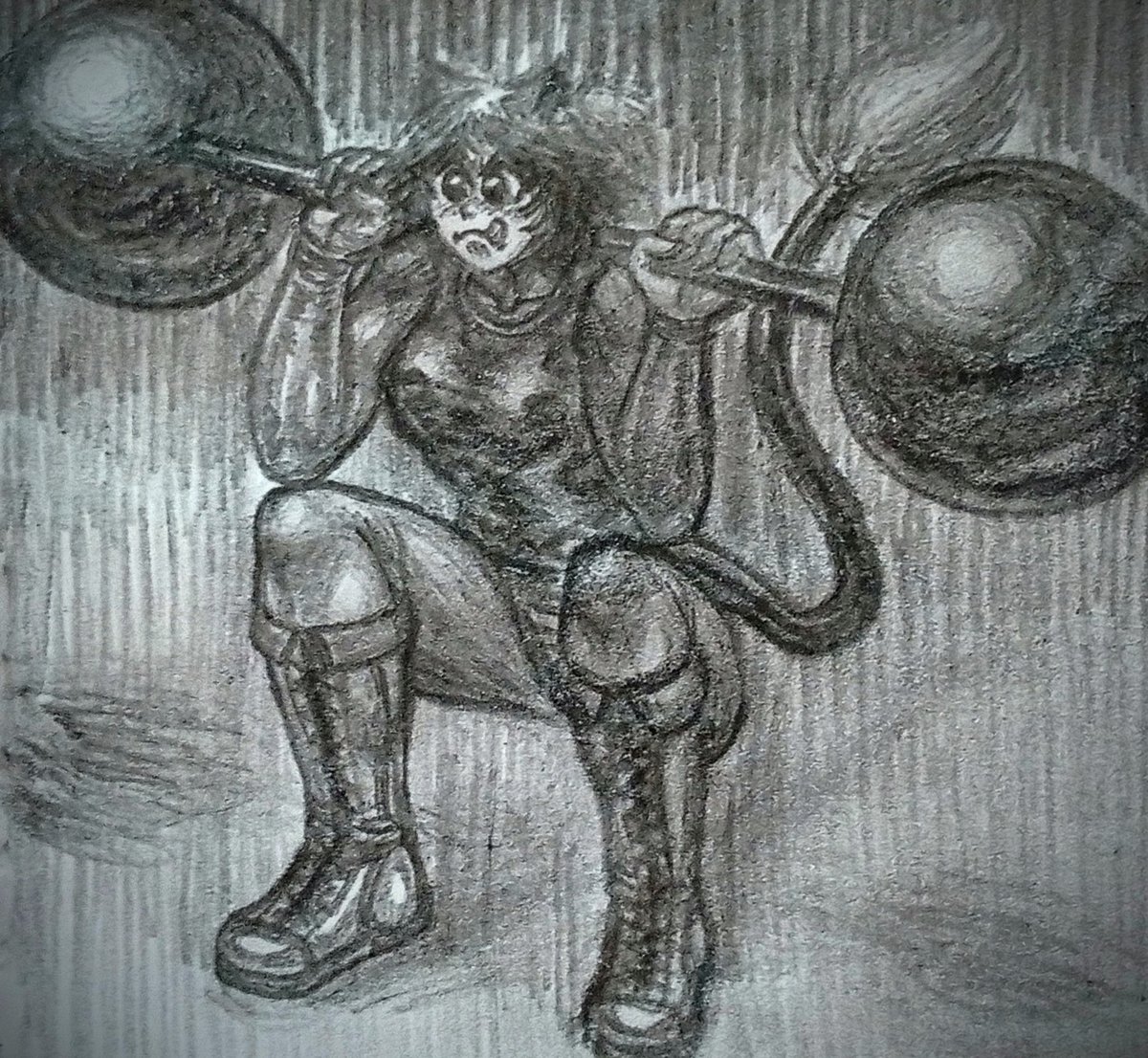 ethelbelfeline's tweet photo. Feline PAWERlifting high barBELL sQuAT / altered human feline halterophilie / To CArry the wEighT

[HD]

Carrying the weight of the world upon her shoulders

I could have drawn the weights as catbells for the pun
Another option could be yarn balls made of iron chain

#indiecomics https://t.co/MWRvDGqy2V