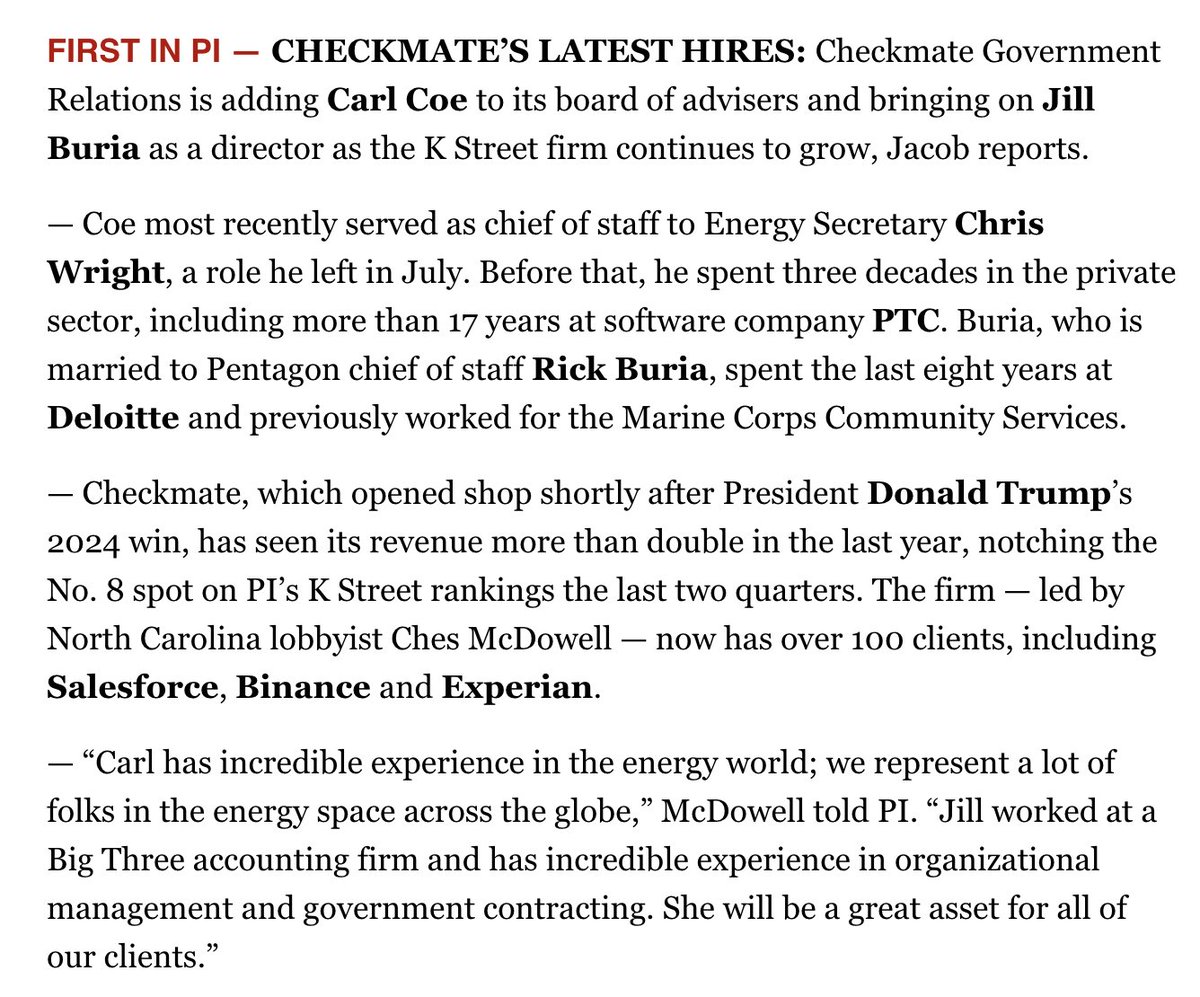 jacob_wendler's tweet photo. Revolving door watch: Chris Wright's chief of staff Carl Coe, who left DOE in July, is joining Checkmate Government Relations — the lobby shop run by Ches McDowell, a close friend of Donald Trump Jr.'s. Also joining is Jill Buria, who's married to Hegseth's chief of staff. https://t.co/6mTxlCNwfA