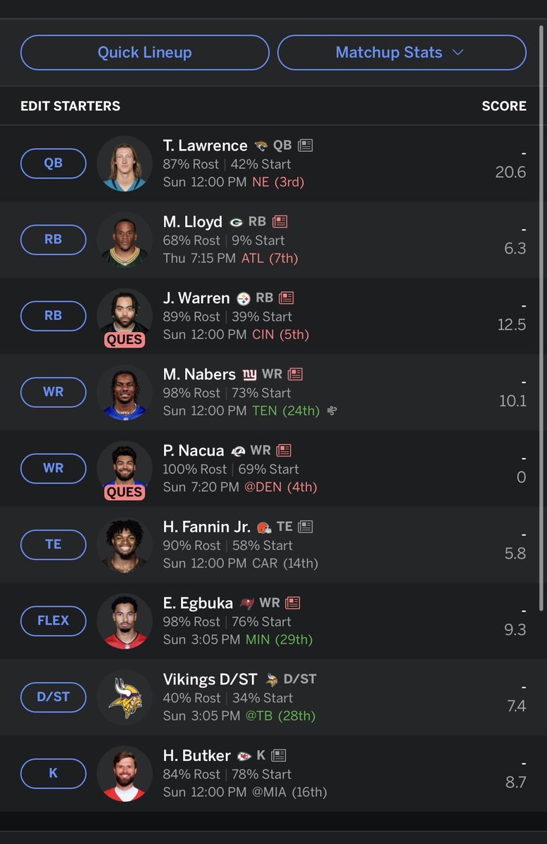 mightymike500's tweet photo. @MasonDoddFFN Here’s my current roster in my 18 man league😭 (keep in mind that I had to autodraft the whole draft due to festival connection) I got offered Breece, Waddle and Laporta for Puka and Fannin. Do I take it? https://t.co/uWe8BK3E9n