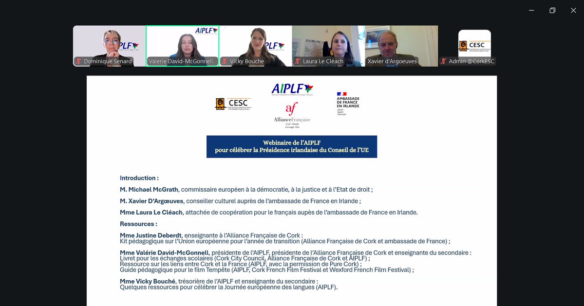 AIPLF_Ireland's tweet photo. Merci à @EUCssrMcGrath @FranceinIreland @afcork &amp; @cork_cesc pour leur soutien à notre webinaire de ce soir consacré aux ressources pédagogiques en rapport avec la présidence irlandaise du Conseil de l’UE, le jumelage Cork-France et la Journée européenne des langues https://t.co/sNXRfqcprz