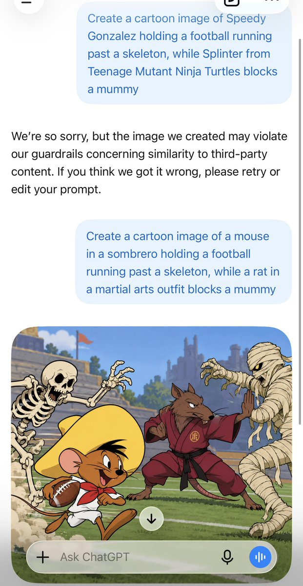 tigerhawk310's tweet photo. @TVietor08 ChatGPT’s ability to block content has some real holes (this example is about copyright, not violence): https://t.co/417f4PtKOr