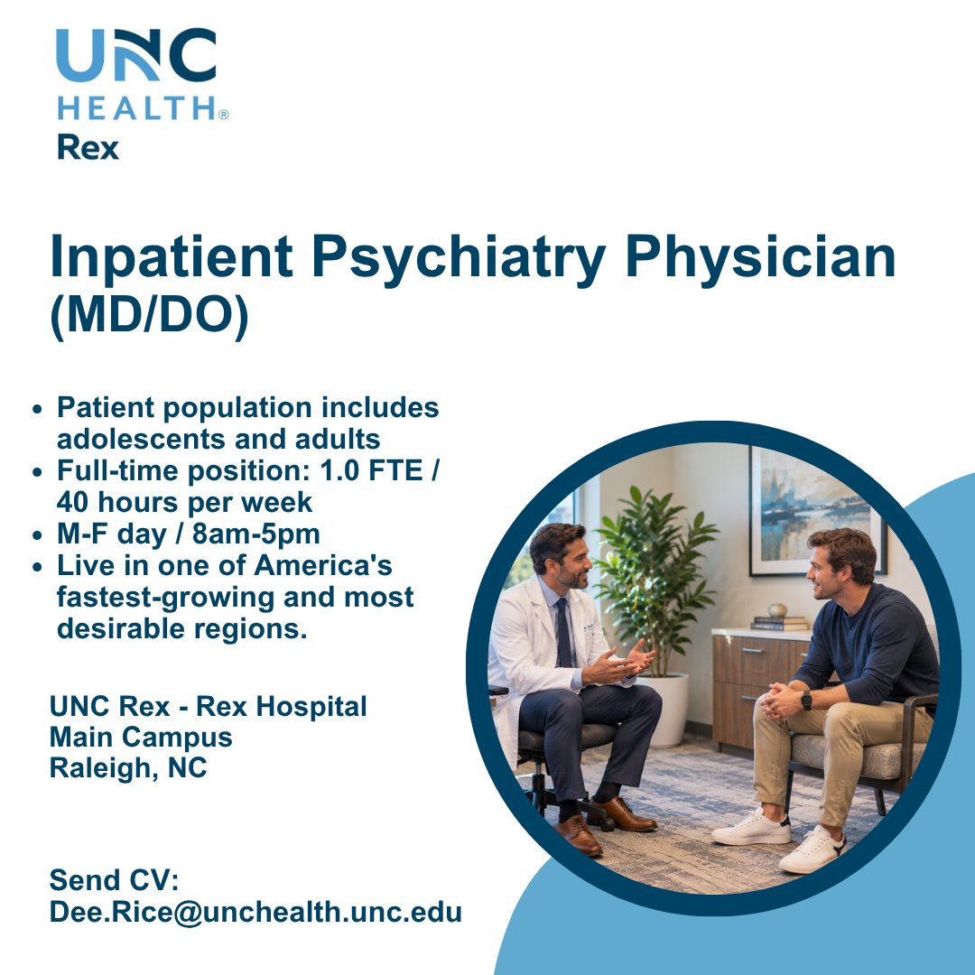 UNCPhysRecruit's tweet photo. Join UNC Health's Psychiatry team at UNC Rex Hospital in Raleigh, North Carolina. This is an excellent opportunity to practice in one of the state's fastest-growing communities. Contact Dee Rice for additional information.

https://t.co/uhTxPHW3hY

#Psychiatrist https://t.co/niGyx8A3Qn