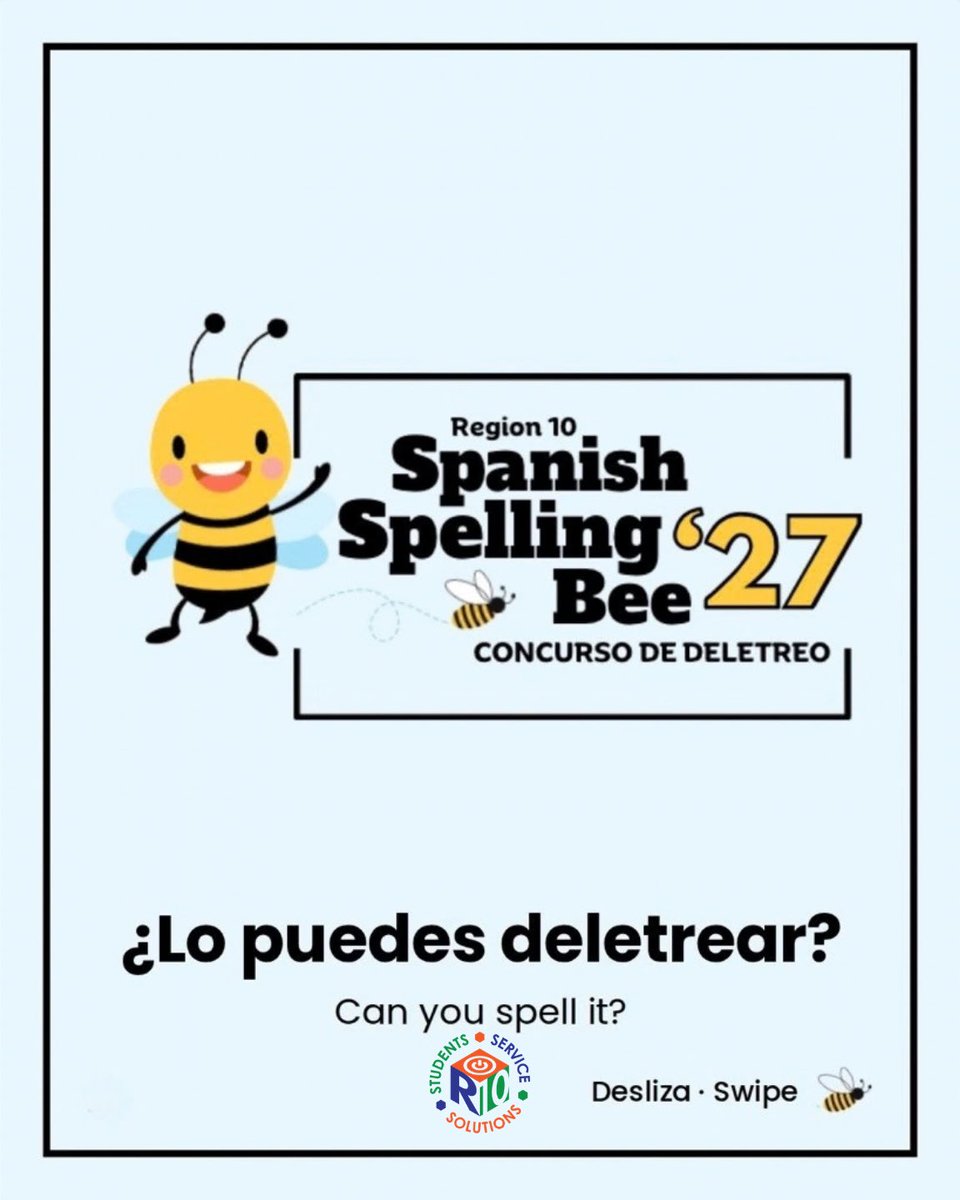 R10Multilingual's tweet photo. 🐝 The Region 10 Spanish Spelling Bee ’27 is coming! 📅 March 24, 2027. Three divisions: 3rd, 4th–5th, and 6th–8th grade. ⏰ Submit your intent to participate by September 30. Link in bio! https://t.co/068Xd80esY