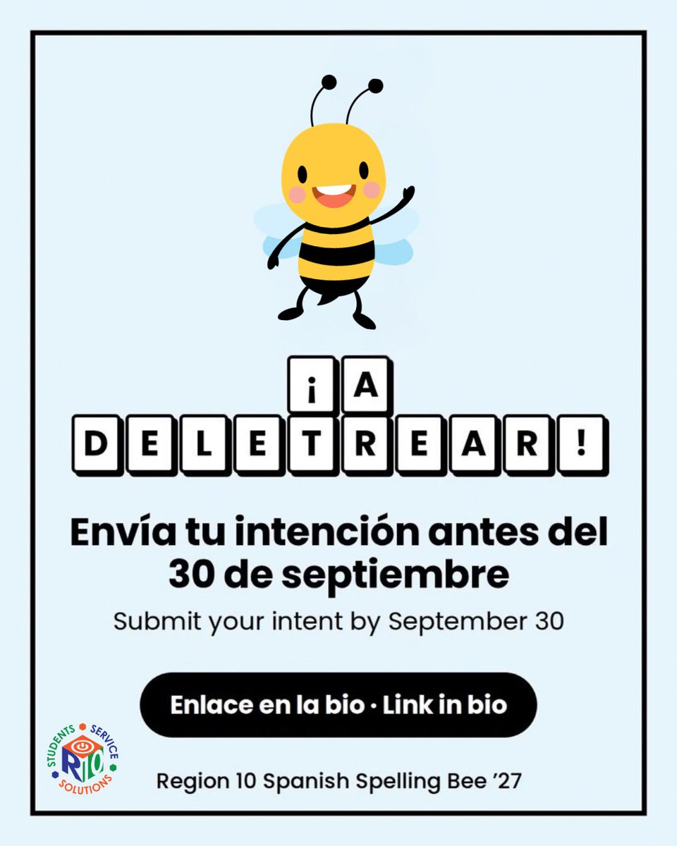 R10Multilingual's tweet photo. 🐝 The Region 10 Spanish Spelling Bee ’27 is coming! 📅 March 24, 2027. Three divisions: 3rd, 4th–5th, and 6th–8th grade. ⏰ Submit your intent to participate by September 30. Link in bio! https://t.co/068Xd80esY
