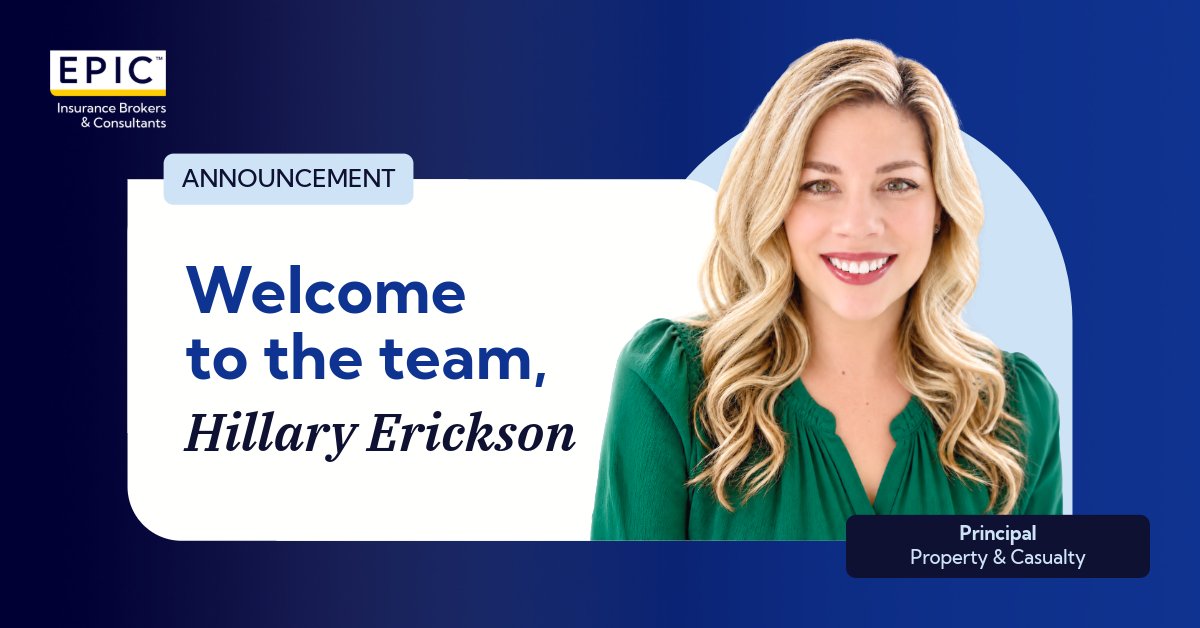 EPIC_Insurance's tweet photo. We're pleased to welcome Hillary Erickson, CPCU, as Principal within our Property &amp; Casualty team! Learn more about Hillary and EPIC’s Property &amp; Casualty Insurance solutions: https://t.co/rT0kFQZE8z

#EPICInsurance #PropertyAndCasualty #RiskManagement #CommercialInsurance https://t.co/Z1T9G7P1sh