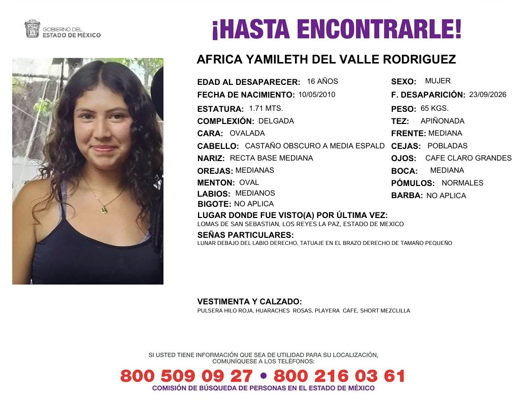 COBUPEM's tweet photo. Solicitamos de tu apoyo en difusión para dar pronta localización a África Yamileth del Valle Rodríguez, cualquier información favor de comunicarse a los teléfonos al pie del boletin. #TodosEnLaBúsqueda https://t.co/1Z1Fm4pESv