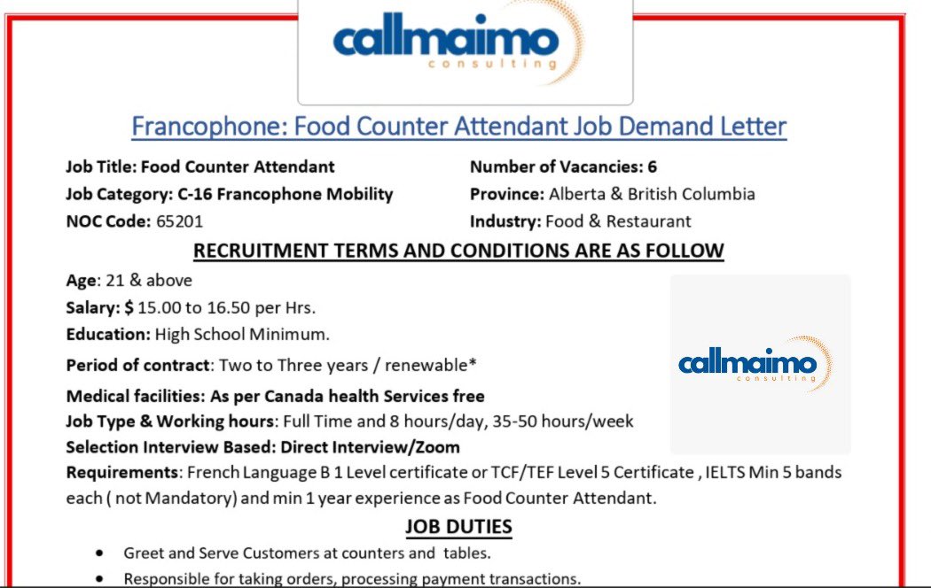iam_Maimo's tweet photo. Opportunity‼️
Food Counter Attendant Needed

Location : Canada
Province: Alberta and British Columbia

For more information, visit our Office situated at Bepanda Omnisport opposite express union or speak to us on phone via +237 670621229 (Available on whatsapp) https://t.co/UtgK3YFHa5