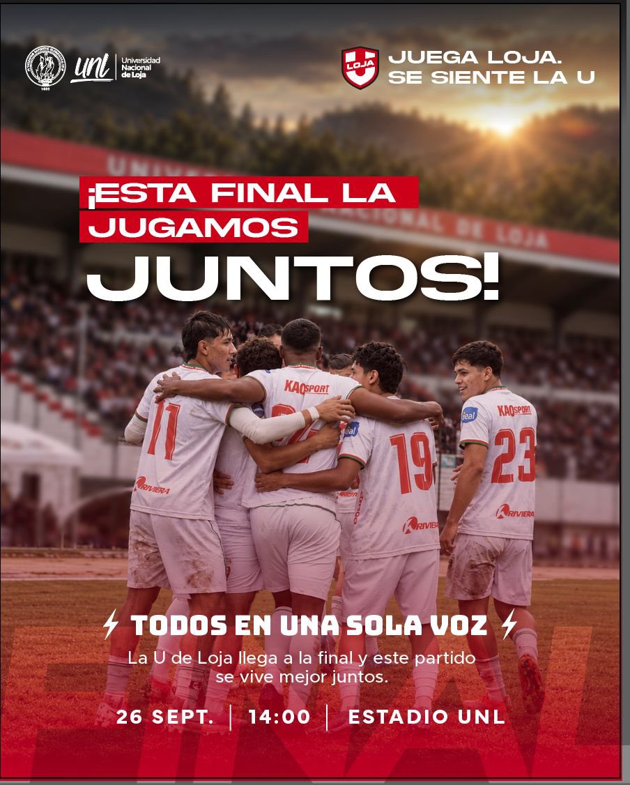 UNLoficial's tweet photo. 🏆 ¡La final la jugamos juntos!

⚽️ #ULoja está en la final. 

La alentamos a una sola voz

 📅 26 sep | 🕑 14:00 | 📍 Estadio UNL

Ven con amigos y familia. 
 ¡Todos al estadio! 🏟️

#EducamosParaTransformar https://t.co/FnD5KK2Bib