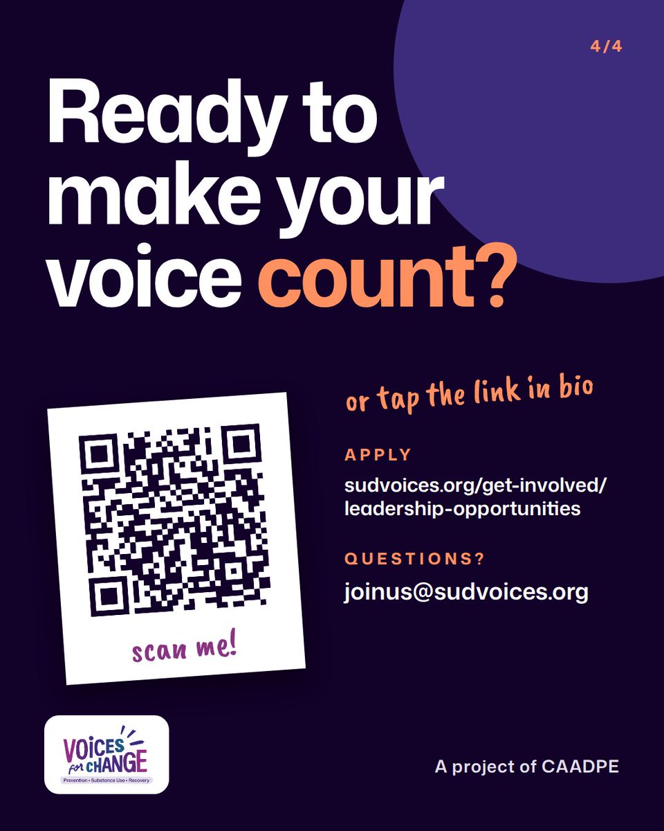 SUDVoices's tweet photo. Your voice belongs in the room where decisions get made. 💜

SUD Voices for Change is recruiting for our Consumer Advisory Group: people in recovery, people who currently use substances, families, peer support workers, harm reduction advocates, and communities affected by SUD. https://t.co/od2dYusopV
