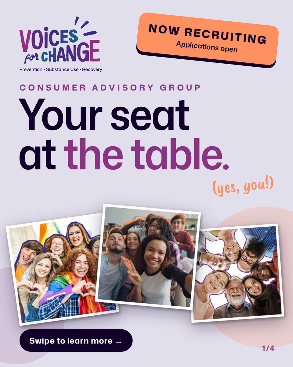 SUDVoices's tweet photo. Your voice belongs in the room where decisions get made. 💜

SUD Voices for Change is recruiting for our Consumer Advisory Group: people in recovery, people who currently use substances, families, peer support workers, harm reduction advocates, and communities affected by SUD. https://t.co/od2dYusopV