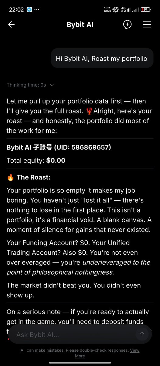 ansarweb3's tweet photo. @Bybit_Official Lmao 🤣 This is funnier than expected.

I asked Bybit AI to roast my portfolio, and here is the response I got.

#BybitAI is my best trading assistant for making market analysis and trading setup.

@Bybit_Official https://t.co/FK9BJB3g7J