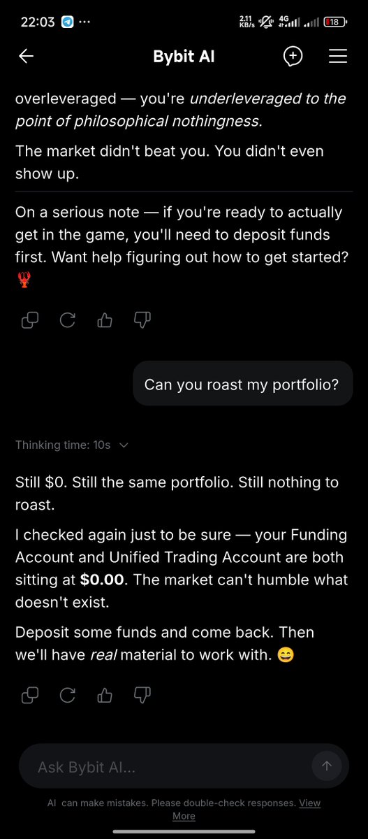 ansarweb3's tweet photo. @Bybit_Official Lmao 🤣 This is funnier than expected.

I asked Bybit AI to roast my portfolio, and here is the response I got.

#BybitAI is my best trading assistant for making market analysis and trading setup.

@Bybit_Official https://t.co/FK9BJB3g7J
