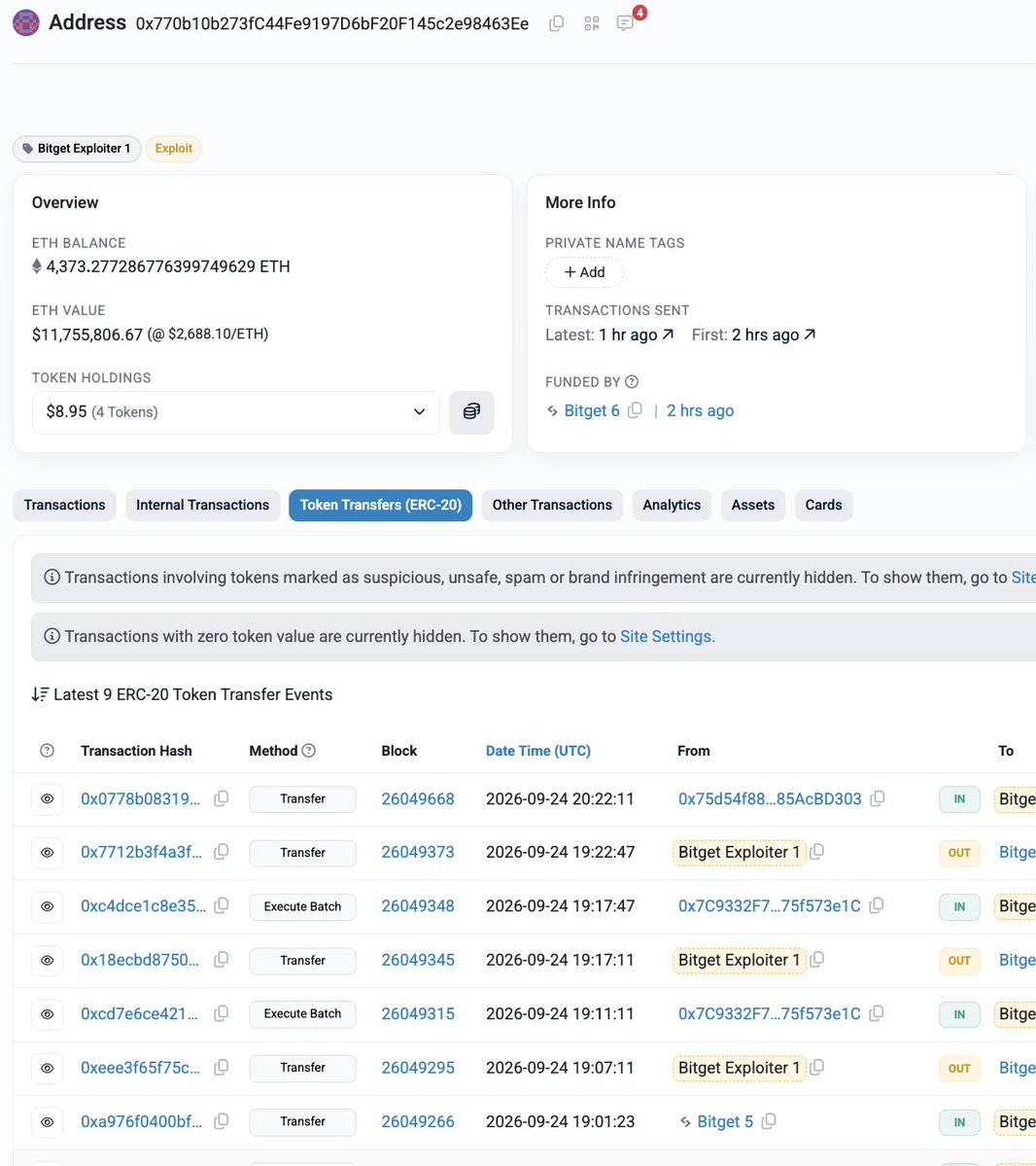 bubblemaps's tweet photo. ALERT: 🚨  Bitget potentially hacked

Bitget wallets just sent $180M across multiple chains to a single destination:

0x770b10b273fC44Fe9197D6bF20F145c2e98463Ee

Which then further dispersed to:

0x469Ac1406dE92f82C0563477240a3627057425DC
0xe410a2E5710Ee787bcaa63f52A3943ff71F0d946
0xD2C2f029eFF5caCc686F24377CfdDcfc82d9F899
0x7c96279Ec1e888Aa56b9B836e0dB26ca48573E1C
0x94A43df7687A8494948Be937400e9d5D33135DA0
0xA6dD3F218B65E32Ccc37BE30f74884133c655545