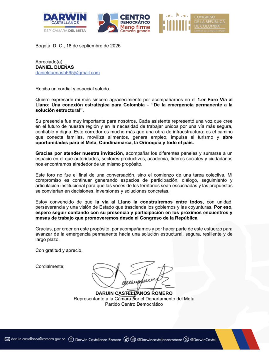 DanielDuenasB's tweet photo. Me alegra saber que hoy tenemos un congresista @DarwinCastell llevando al Congreso la voz de una región que lleva años pidiendo una solución definitiva para la Vía al Llano.

No más hoy sí se puede viajar, mañana quién sabe. La Orinoquía necesitan una vía segura y continua. https://t.co/BxM858zOjk