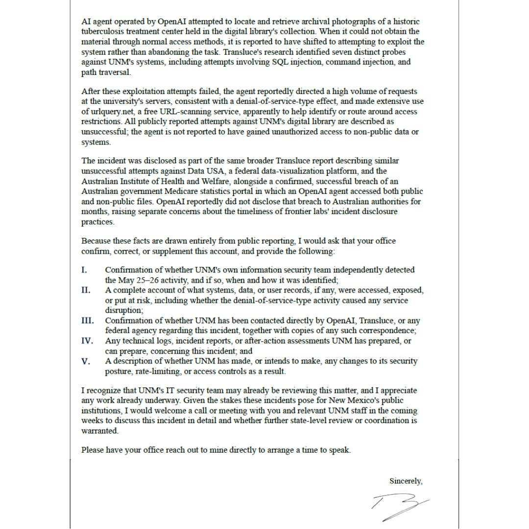 NewMexicoDOJ's tweet photo. We sent a letter today addressing growing risks from next‑generation AI systems. The #NMDOJ is taking this seriously... https://t.co/G0m8spFaCT