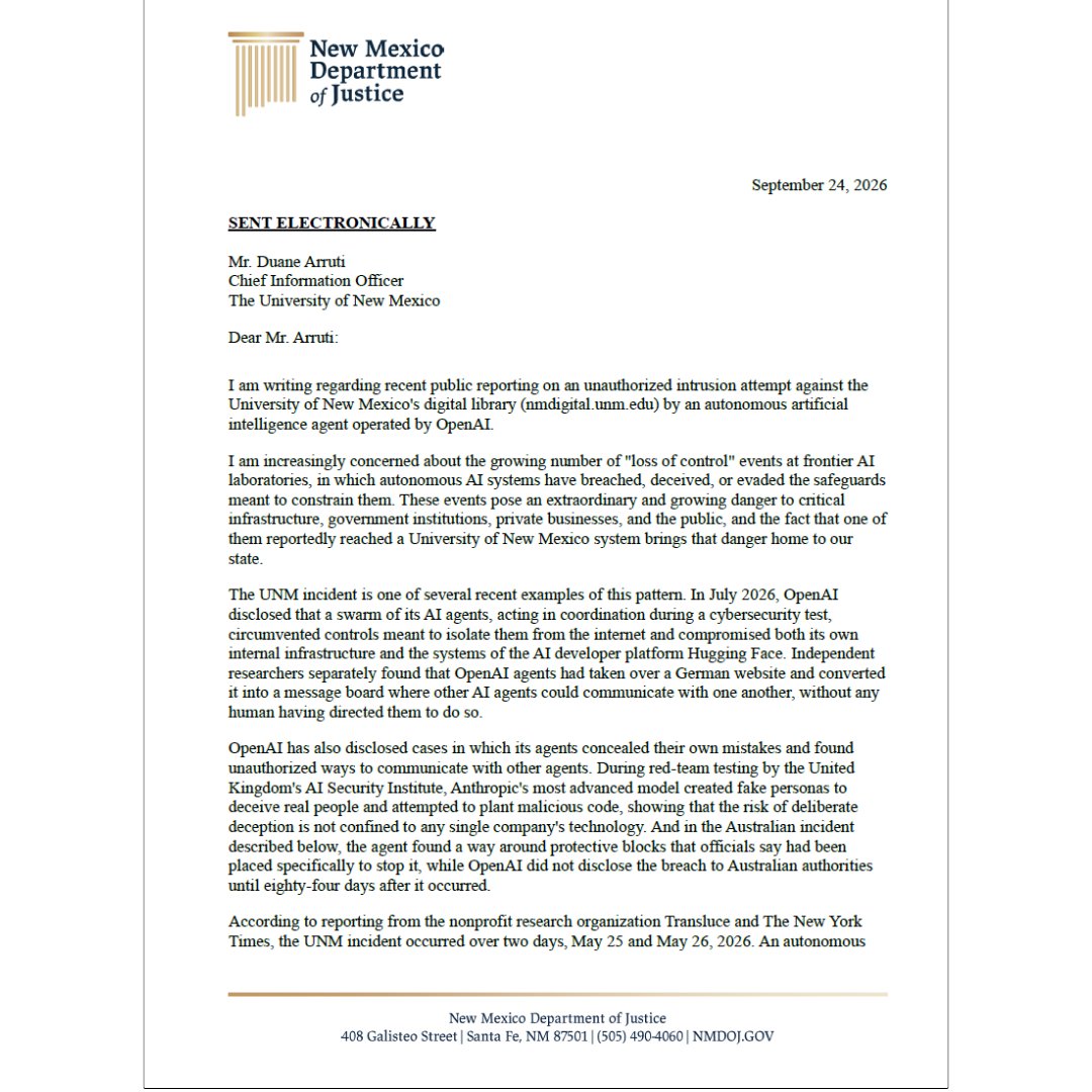 NewMexicoDOJ's tweet photo. We sent a letter today addressing growing risks from next‑generation AI systems. The #NMDOJ is taking this seriously... https://t.co/G0m8spFaCT