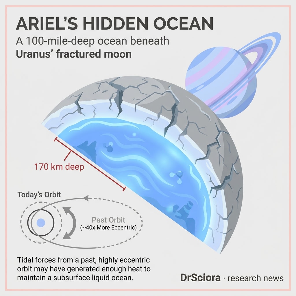 DrSciora's tweet photo. Uranus' moon Ariel may have hidden a 100-mile-deep ocean beneath its fractured ice shell—with a past orbit 40x more eccentric than today. Twin ocean worlds in the Uranus system? 🌊 #PlanetaryScience #Ariel https://t.co/4CJam3vFJO
