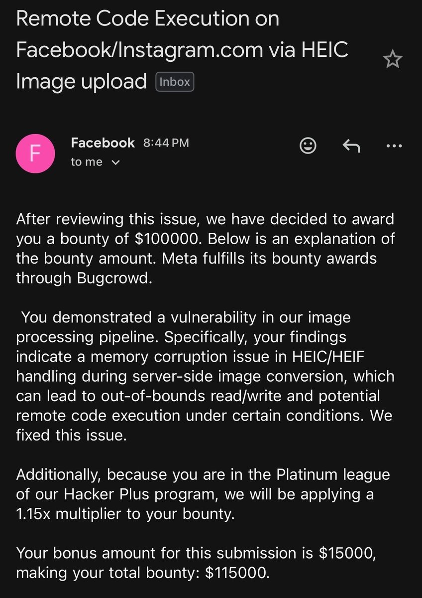 IntCyberDigest's tweet photo. ❗️ A security researcher was paid a 115k bounty for reporting a vulnerability to Facebook.

It's one of many "HEIF Heist" remote attack paths reported, targeting services that decode attacker-controlled HEIF, HEIC, or AVIF images. https://t.co/HCVI9Xzv2U