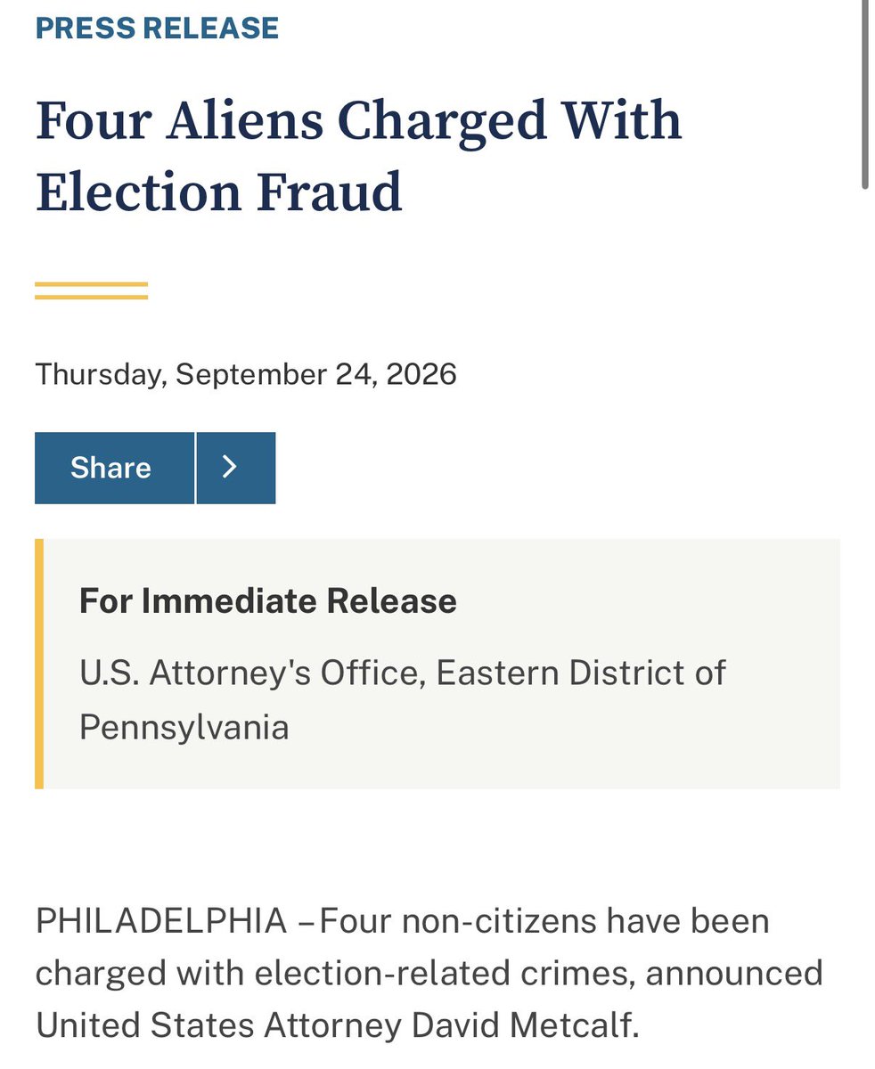 ScottPresler's tweet photo. 🚨More Pennsylvania Non-Citizens Voted🚨

@USAttyMetcalf just announced that four additional non-citizens have been charged with election-related crimes. 

Yes, illegal aliens are voting in our PA elections. Yes, it’s pervasive.

This is a constitutional crisis. https://t.co/2TRVVNb4W2