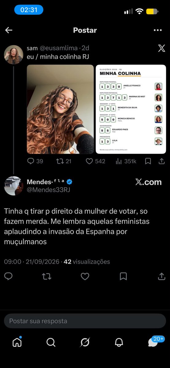 rafaelprea's tweet photo. Com as colinhas dos votos que postaram aq, chamou minha atenção a forma como os eleitores do miliciano bolsonaro respondiam nas postagens de mulheres 

Por isso que em outubro é BORA LULA! 🦑 

Não compactuem com o bolsonarismo de forma alguma, na urna é 1️⃣3️⃣ e confirma https://t.co/0PDITRQJGJ
