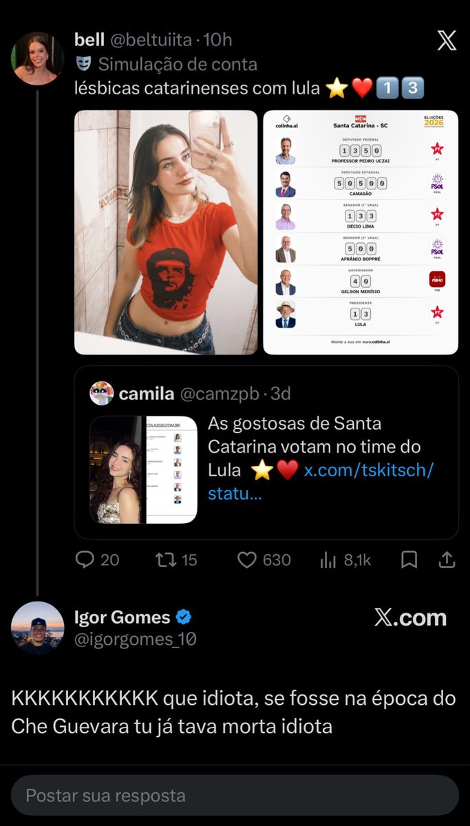 rafaelprea's tweet photo. Com as colinhas dos votos que postaram aq, chamou minha atenção a forma como os eleitores do miliciano bolsonaro respondiam nas postagens de mulheres 

Por isso que em outubro é BORA LULA! 🦑 

Não compactuem com o bolsonarismo de forma alguma, na urna é 1️⃣3️⃣ e confirma https://t.co/0PDITRQJGJ