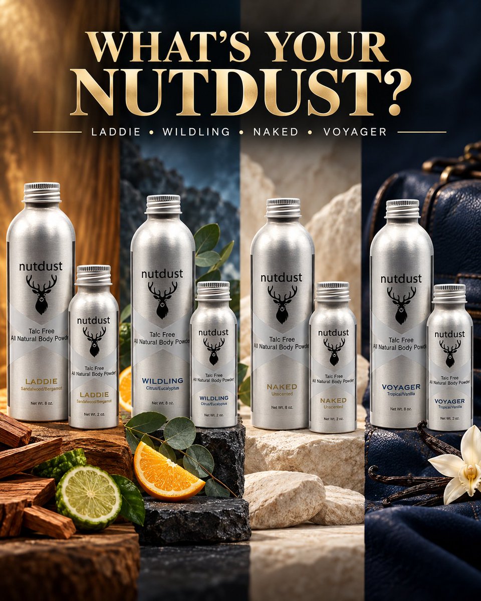 OfficialNutdust's tweet photo. Four formulas. Two sizes. One question: which Nutdust fits your day—Laddie, Wildling, Naked or Voyager? Shop: https://t.co/anQhTjkD4h #Nutdust #BodyPowder https://t.co/PBpp0HwEXg
