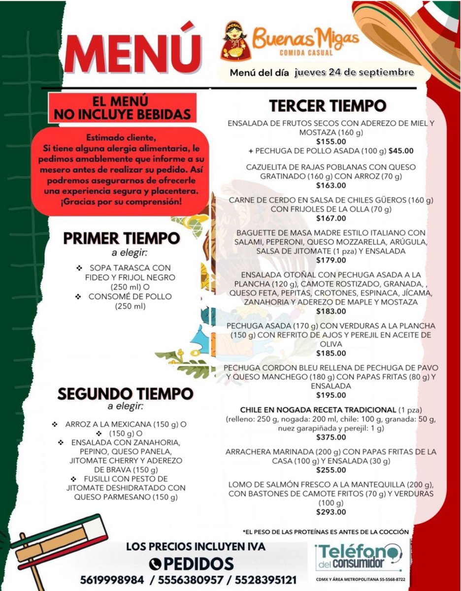 BuenasMigasDF's tweet photo. Menú del día 24 de Septiembre 2026
Pedidos: 5619998984 y 5528395121
 Nicolás San Juan 251 esq. La Morena, Del Valle Norte, CDMX.
 Aceptamos todas las tarjetas.

@En_laDelValle https://t.co/sReeQai9TS