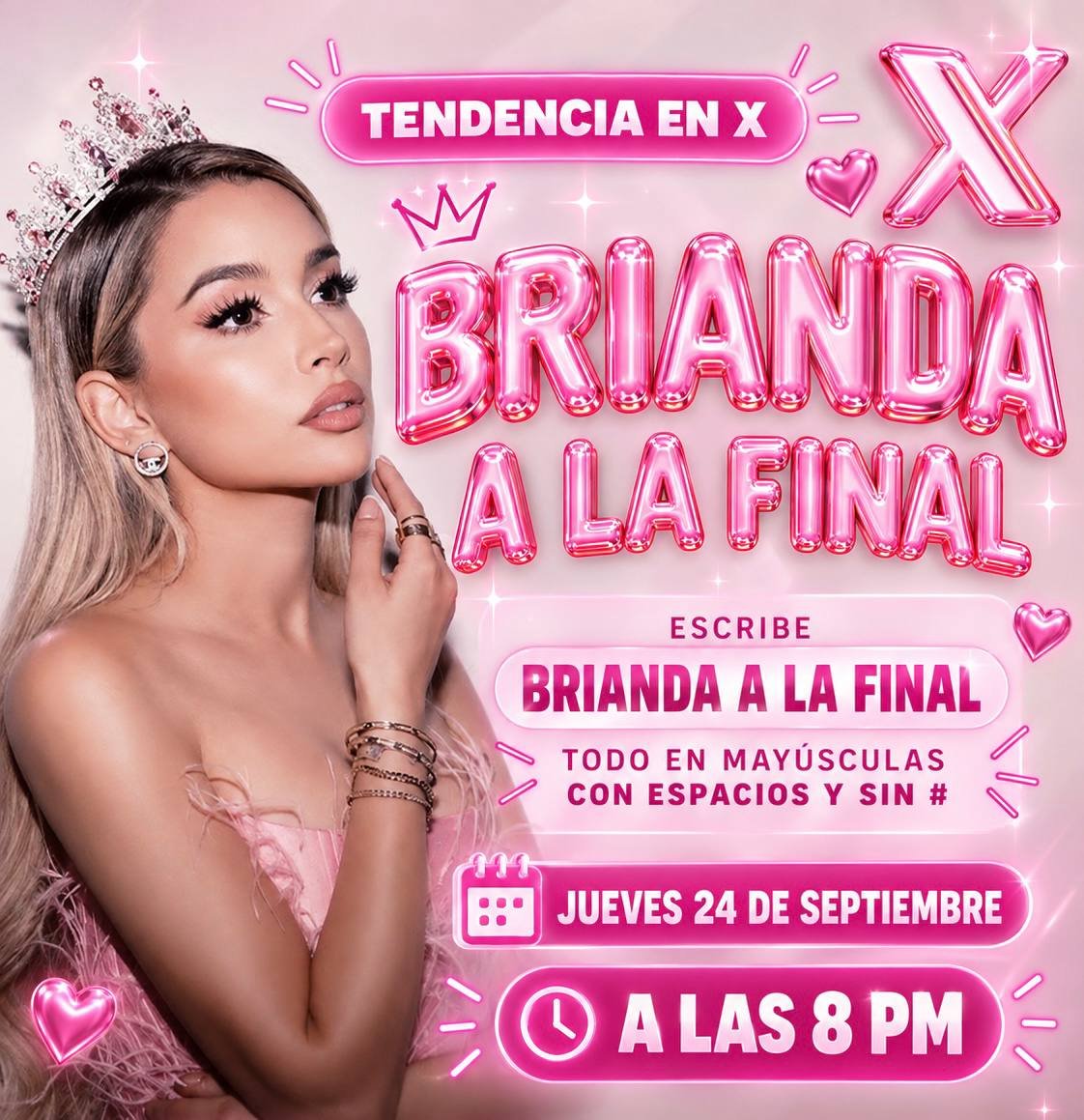 SupportBrianda's tweet photo. 🚨 AVISO 🚨

Hoy tenemos tendencia 💖🔥

BRIANDA A LA FINAL 🏆💖

Recuerden que la tendencia será sin emojis y sin signos. Aquí sí los usamos porque es aviso JAJAJA 😭

Nos vemos a las 8 PM para calentar motores porque… hoy votamos 🫵🏻🔥💖

#LaCasaDeLosFamososMéxico 
#LaCasaDeLosFamososMx