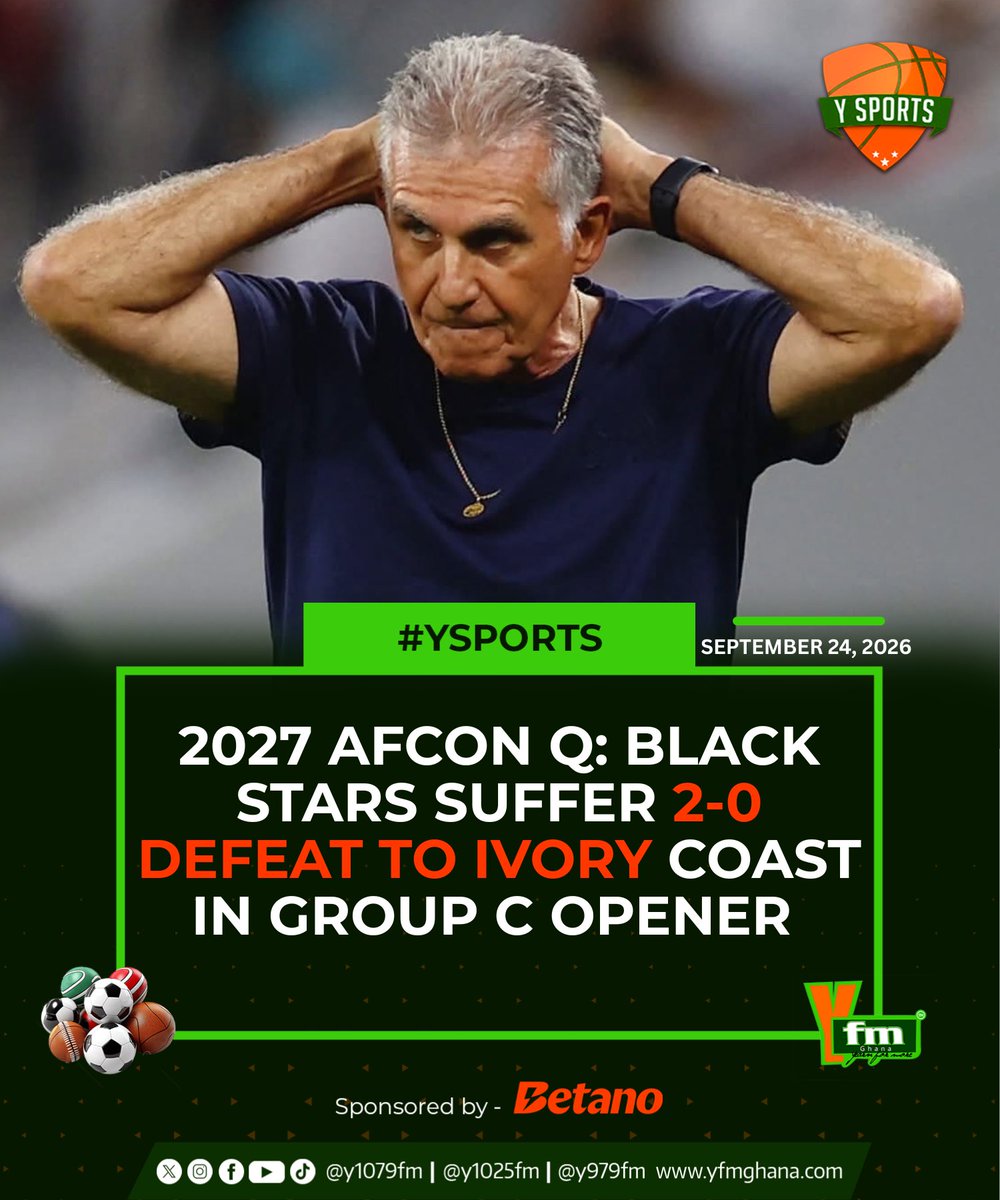 YSportsGh's tweet photo. Ghana suffer 2-0 defeat to Ivory Coast in Group C Opener in 2027 AFCON Qualifier.

They will face Gambia next on the 29th of September at the Accra sports stadium 

#YSports #BlackStars https://t.co/pAEjVaYkAY