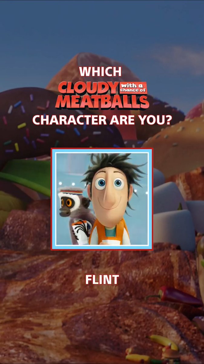 The image is a "Which Cloudy with a Chance of Meatballs Character Are You?" quiz result showing Flint Lockwood with his monkey Steve, set against a backdrop of giant food items like donuts and meatballs. The caption could read: "The post asks 'Who did you get?' and the image reveals the result—Flint Lockwood, the inventive main character from *Cloudy with a Chance of Meatballs*, pictured with his pet monkey Steve."