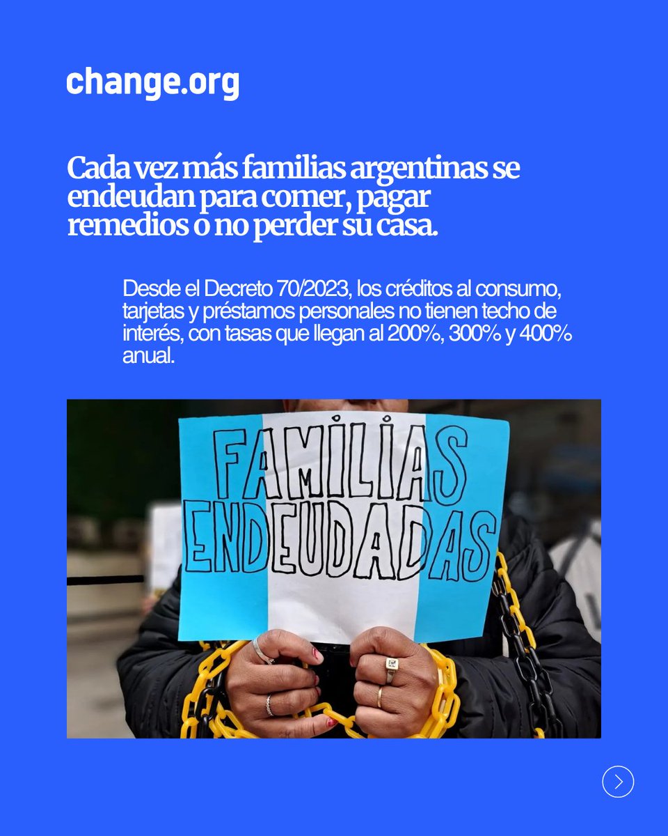ChangeorgAR's tweet photo. 💸 Una petición denuncia tasas de hasta 400% anual por el Decreto 70/2023 y pide un rescate estatal para familias endeudadas para sobrevivir. Firmá: https://t.co/abnejOKNBt
#BastaDeUsura https://t.co/LVIlGJtkez