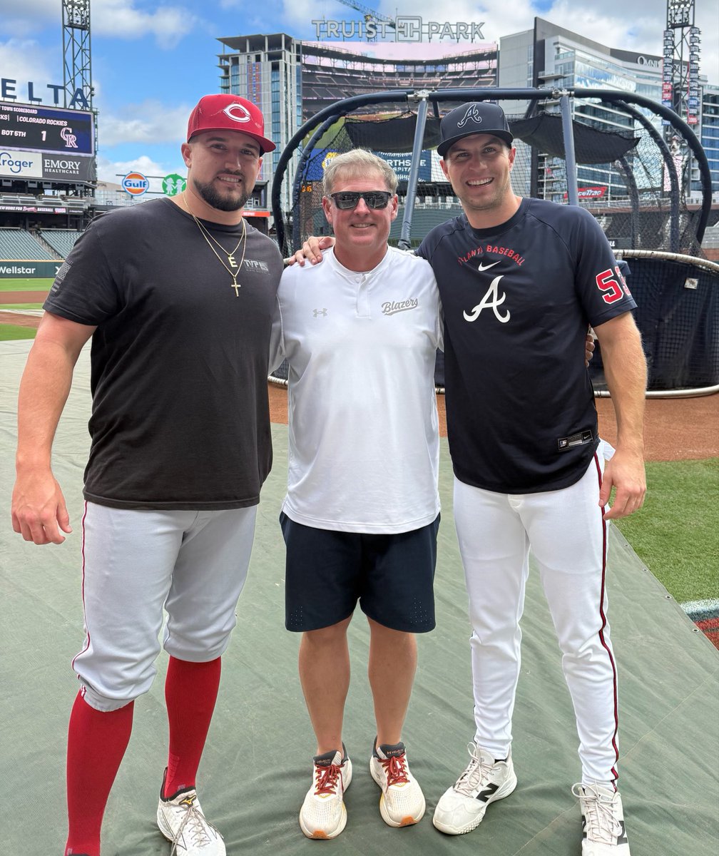 UAB_Baseball's tweet photo. Coach Dunn visiting with Graham Ashcraft and Brewer Hicklen before tonight’s game between the Reds and Braves! https://t.co/4wyhUJWXod