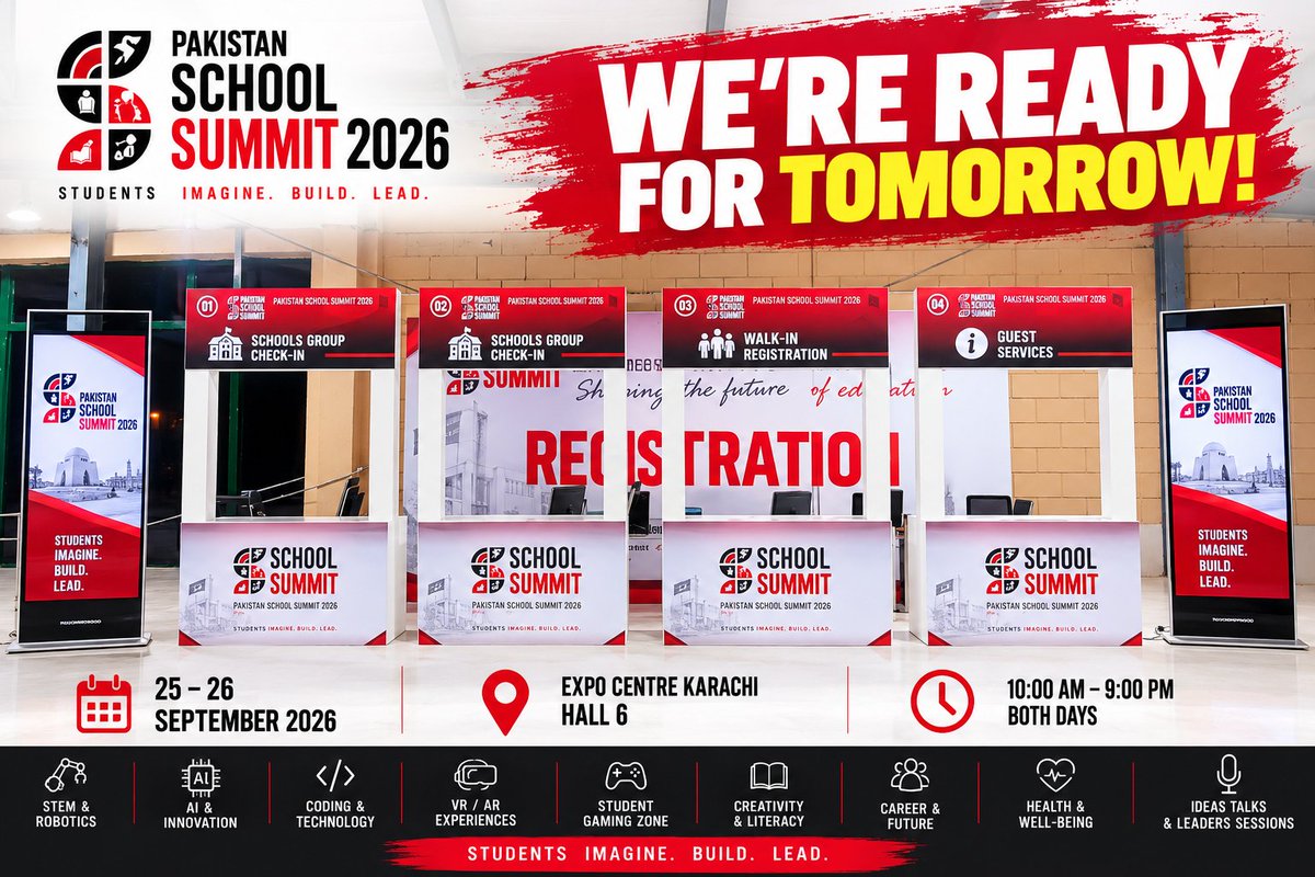 SchoolSummitPK's tweet photo. 🚨 WE’RE READY FOR YOU!

Pakistan School Summit 2026 is almost here!

Our registration counters are ready at Expo Centre Karachi — Hall 6, and we’re getting everything prepared for thousands of students, families, teachers and education leaders.

🎟️ Schools Group Check-In
🎟️ Walk-In Registration
🎟️ Guest Services

Two incredible days of STEM, Robotics, AI, Coding, VR/AR, Gaming, Creativity, Careers, Health & Well-being, Ideas Talks and much more are almost here.

📅 25–26 September 2026
📍 Expo Centre Karachi — Hall 6
⏰ 10 AM – 9 PM

Tomorrow, the doors open.
Students Imagine. Build. Lead.

#PakistanSchoolSummit #PSS2026 #Karachi #Education #STEM #AI #Robotics #Students #FutureOfEducation #ExpoCentreKarachi