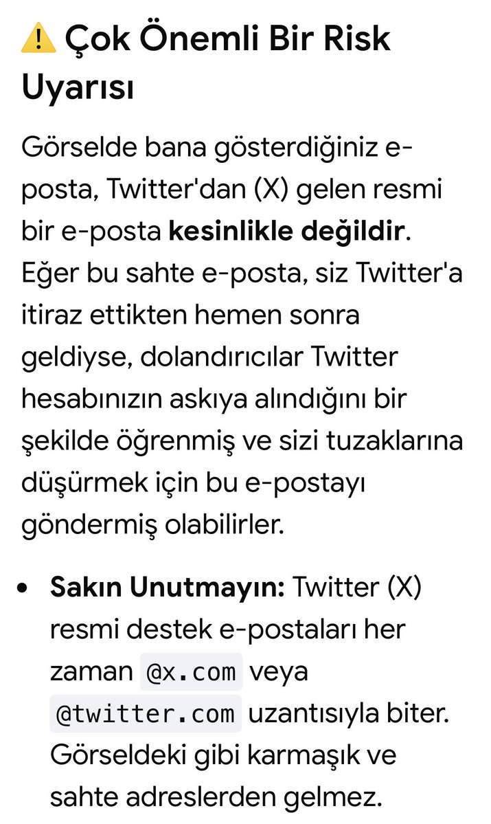 overforms's tweet photo. ‼️‼️
Eski hesabım askıya alındıktan sonra 2-3 kere email adresime sahte mail geldi. Gemini'ye sordum bunun ne anlama geldiğini. 
Bu aralar, hesap kıyımları, engellemeler arttığı için uyarmak istedim dostlar. 
Çok dikkat edin e postalarınıza da!
‼️👇👇 https://t.co/LPIkXwyJbB