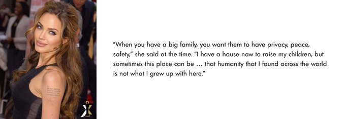 Angelina Jolie pictured alongside a quote about seeking "privacy, peace, safety" for her family, which accompanies a post about her reportedly selling her $24M LA home amid concerns about the city's direction.